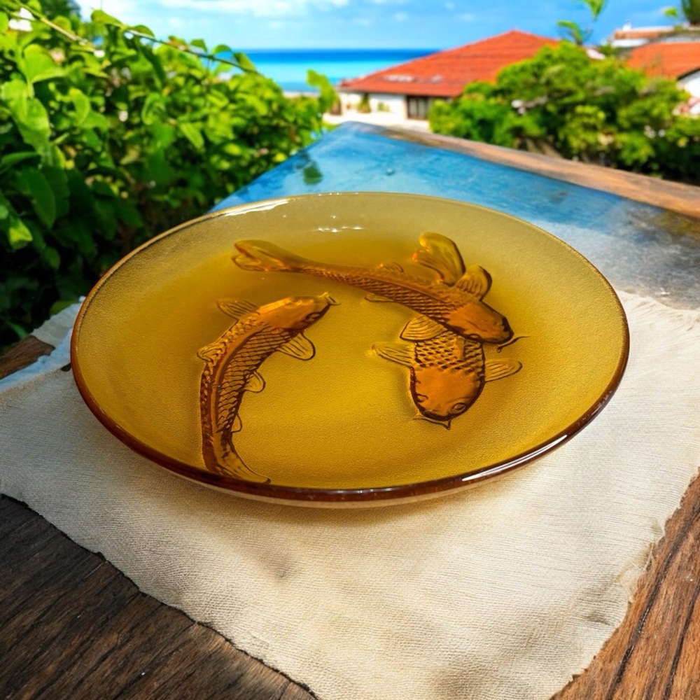 Vintage Signed KIG 3D Koi Fish Glass Decorative Amber Gold Bowl Plate